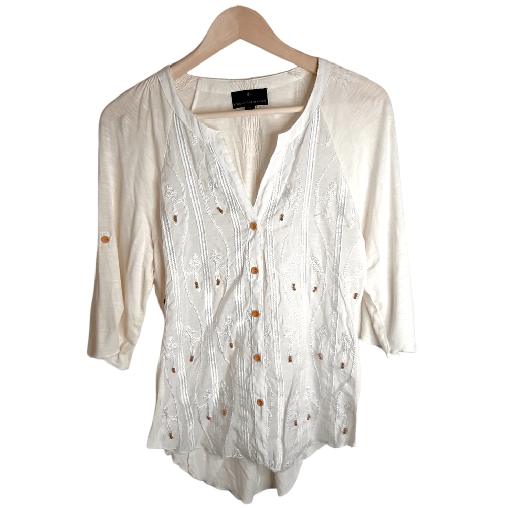 Fenn Wright Manson Button Down Shirt Embroidered Beaded White Women's Size M
